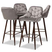 Baxton Studio Catherine Modern and Contemporary Grey Velvet Fabric Upholstered and Walnut Finished 4-Piece Bar Stool Set